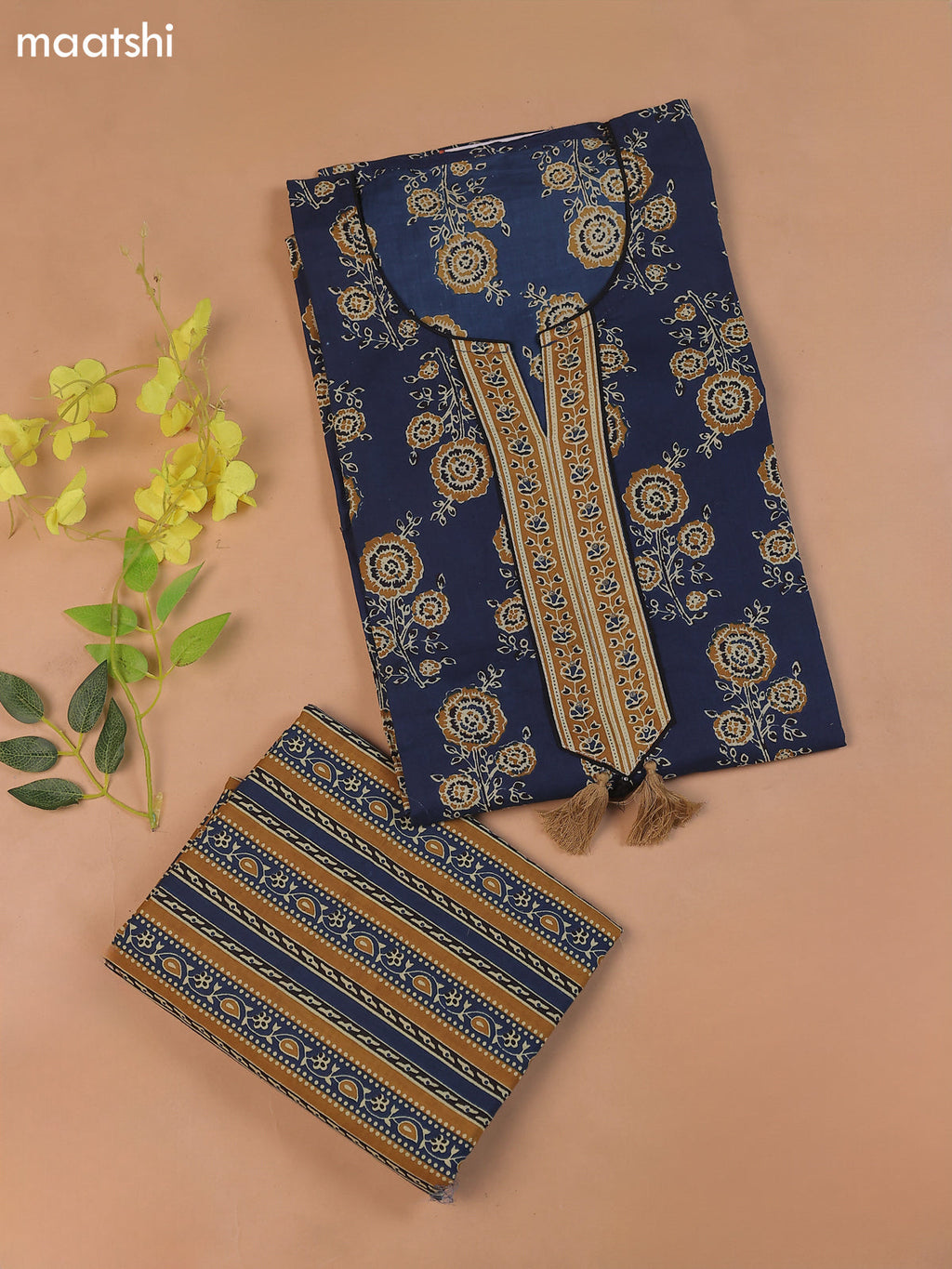 Dark Blue Cotton Dress Material With Floral Prints