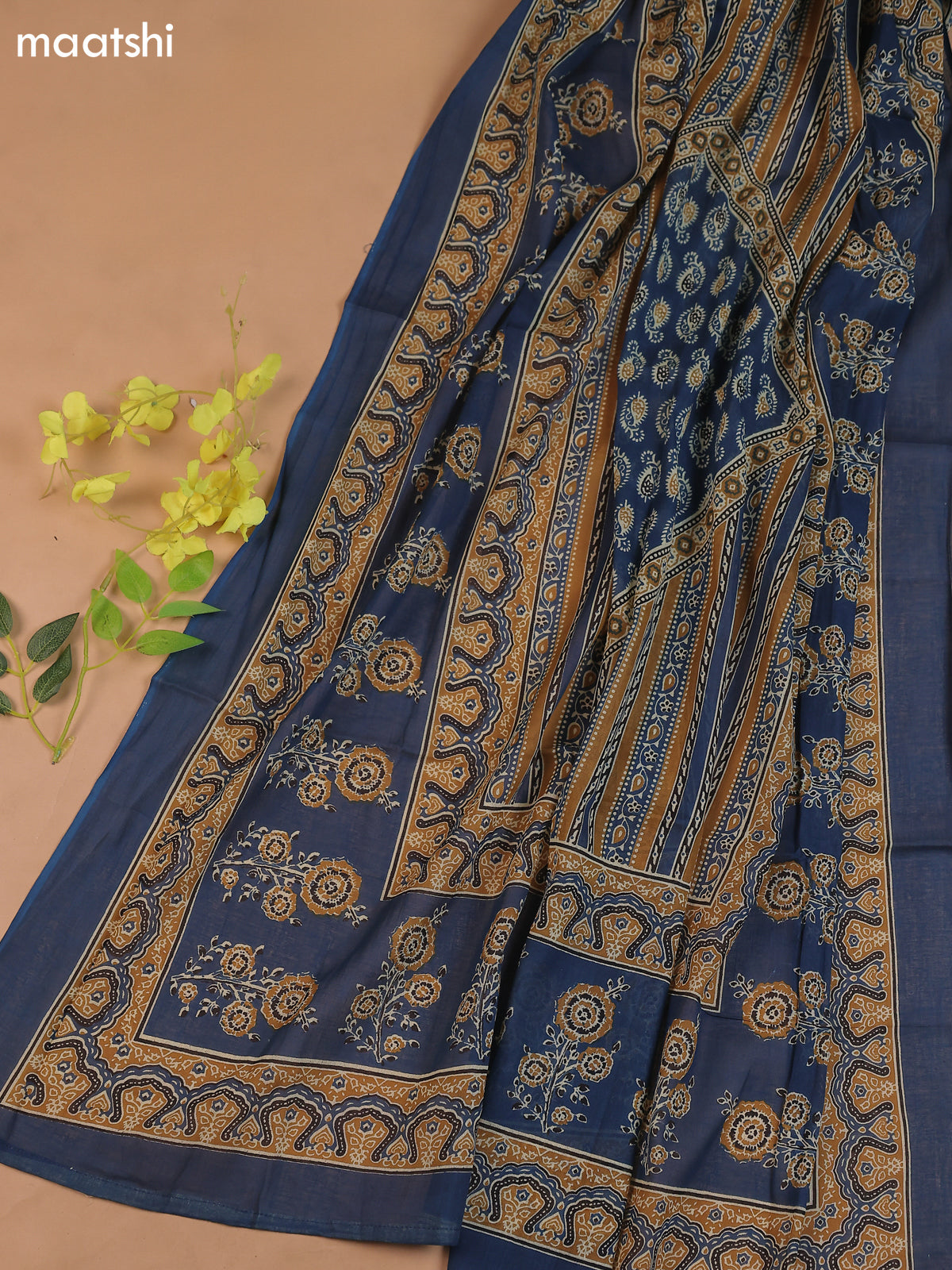 Dark Blue Cotton Dress Material With Floral Prints