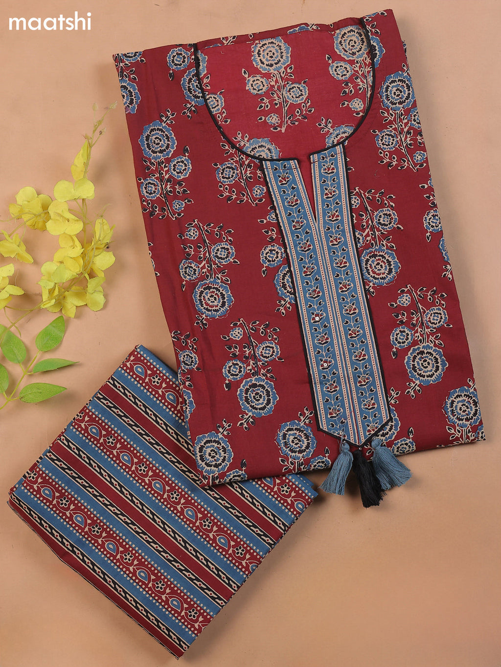 Magenta Pink Cotton Dress Material With Floral Prints