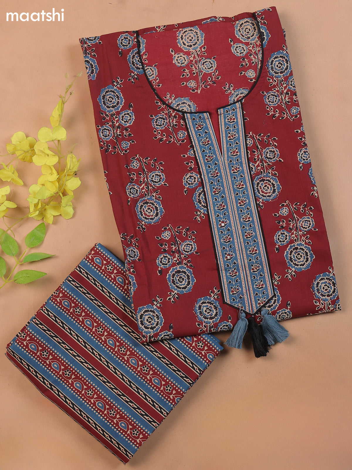 Magenta Pink Cotton Dress Material With Floral Prints