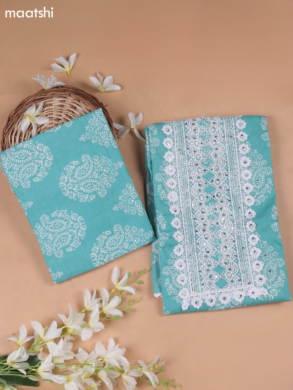 Teal Green Cotton Dress Material With Printed & Embroidery Work