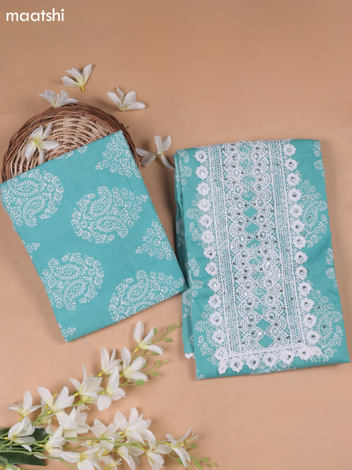 Teal Green Cotton Dress Material With Printed & Embroidery Work