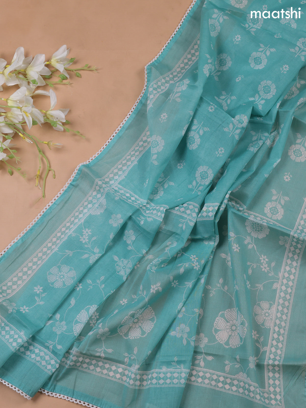 Teal Green Cotton Dress Material With Printed & Embroidery Work