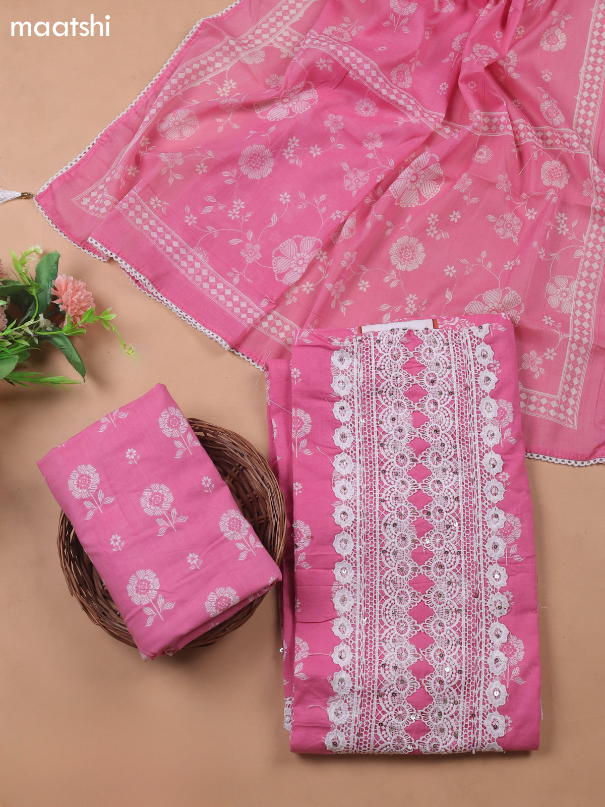 Pink Cotton Dress Material With Printed & Embroidery Work