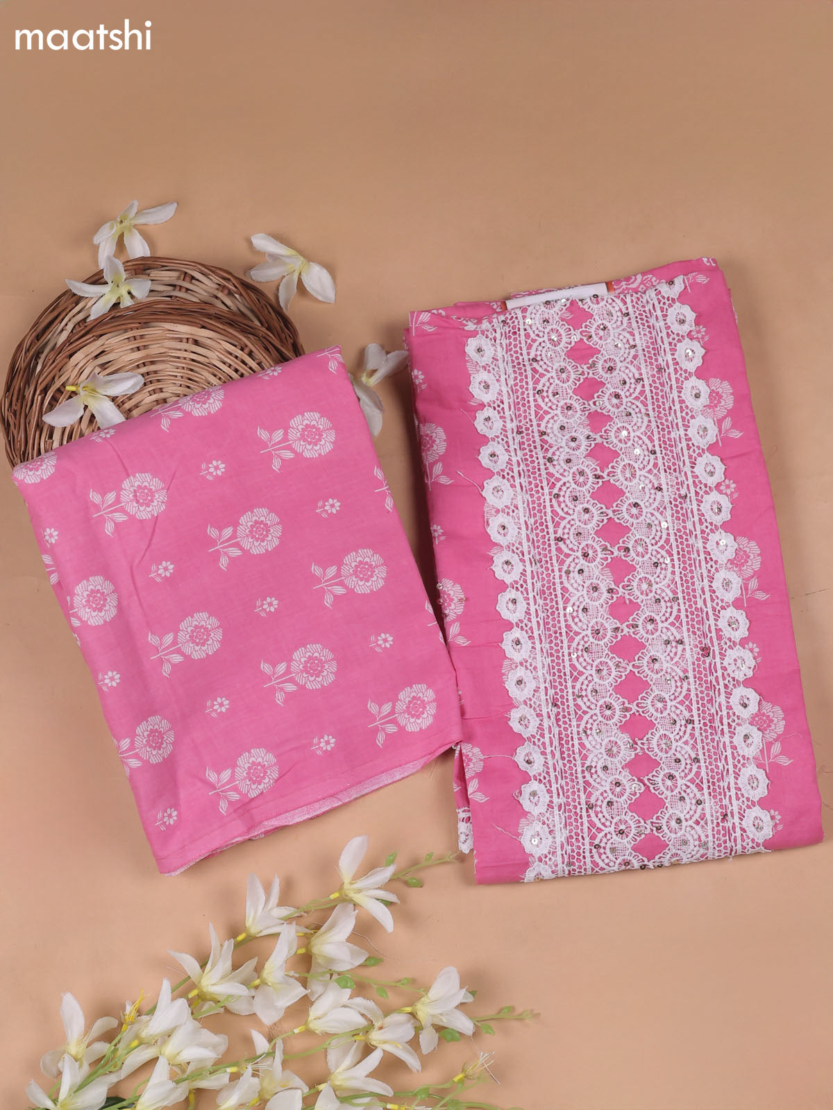 Pink Cotton Dress Material With Printed & Embroidery Work