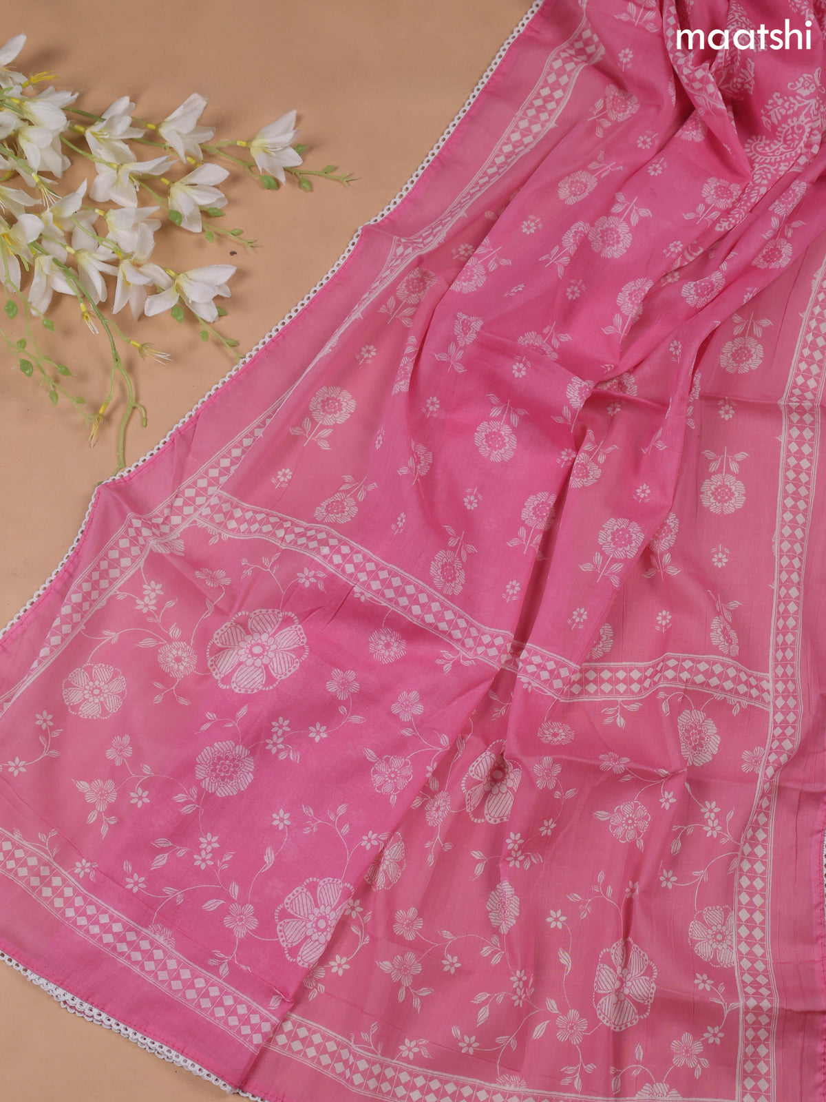 Pink Cotton Dress Material With Printed & Embroidery Work