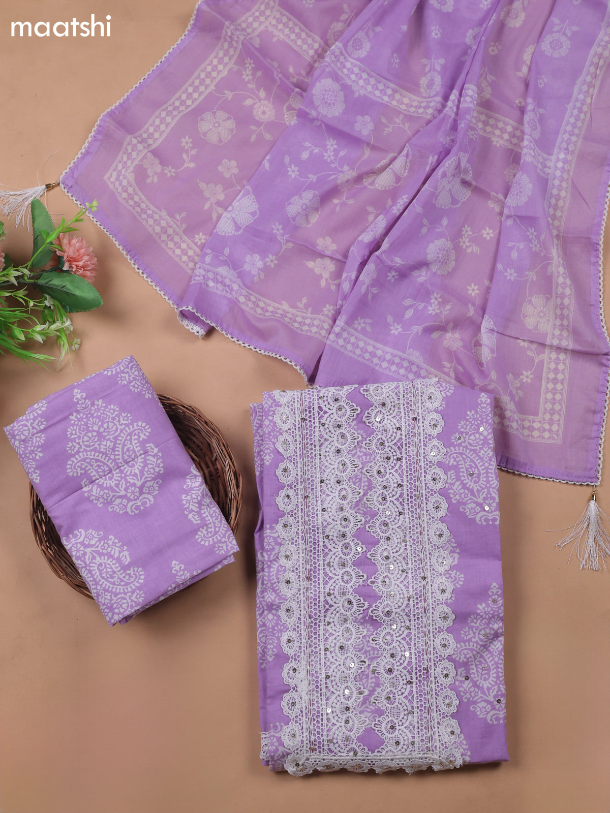 Lavender Cotton Dress Material With Printed & Embroidery Work