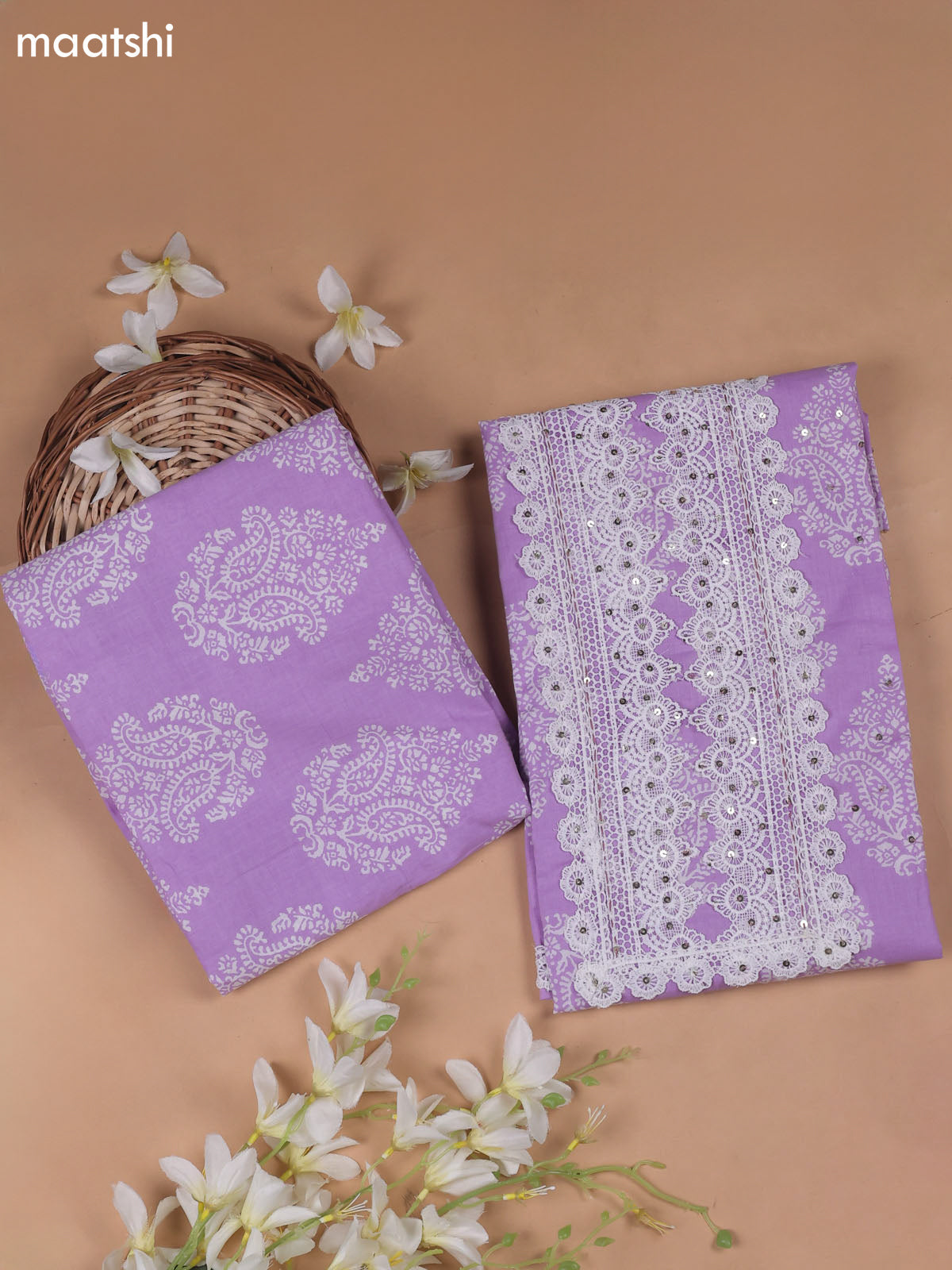 Lavender Cotton Dress Material With Printed & Embroidery Work