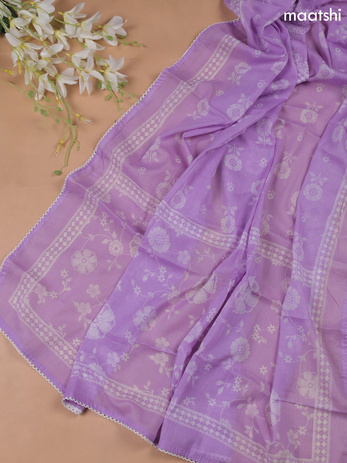 Lavender Cotton Dress Material With Printed & Embroidery Work