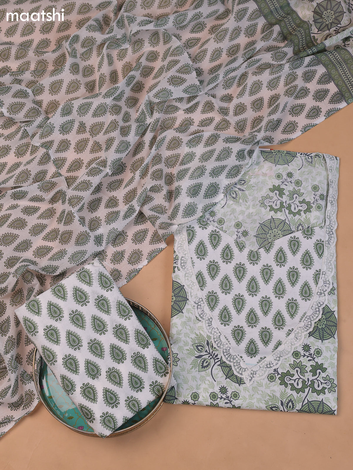 White and Green Cotton Dress Material With Floral Prints