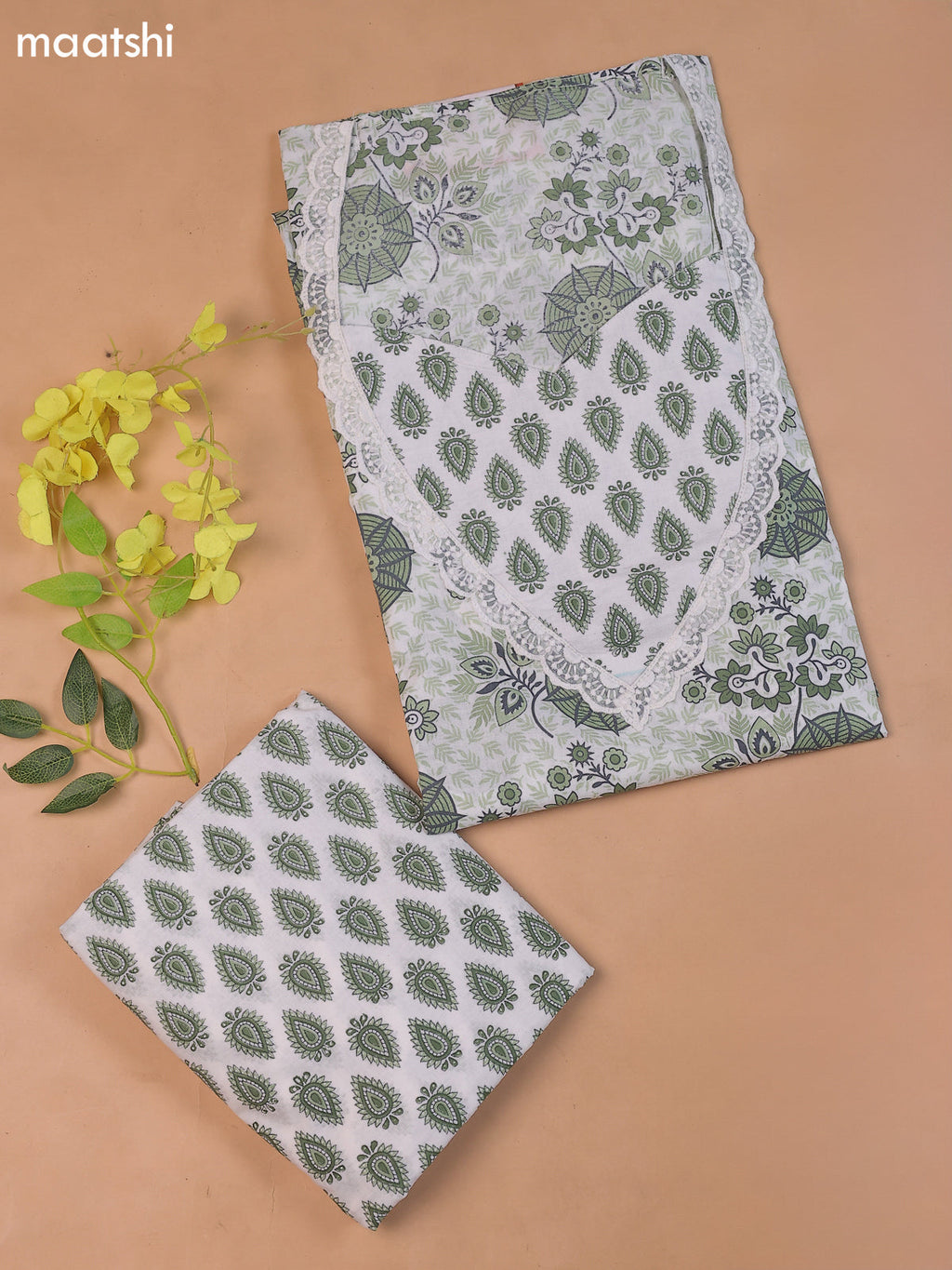 White and Green Cotton Dress Material With Floral Prints