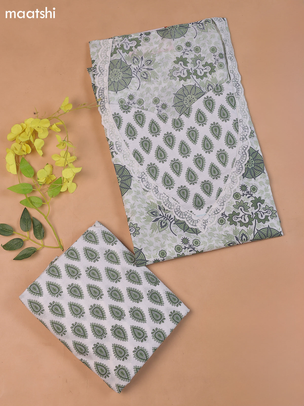White and Green Cotton Dress Material With Floral Prints