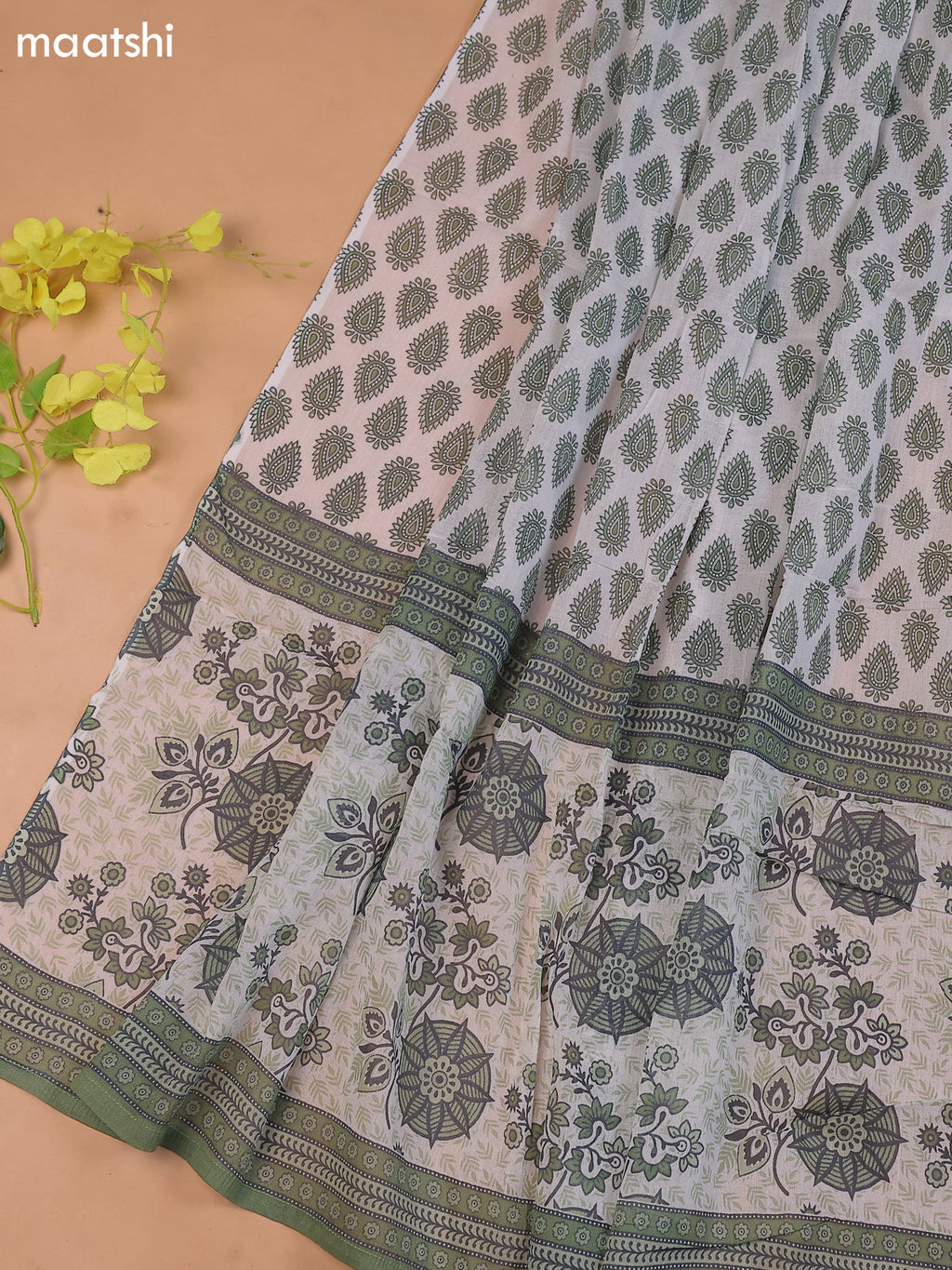 White and Green Cotton Dress Material With Floral Prints