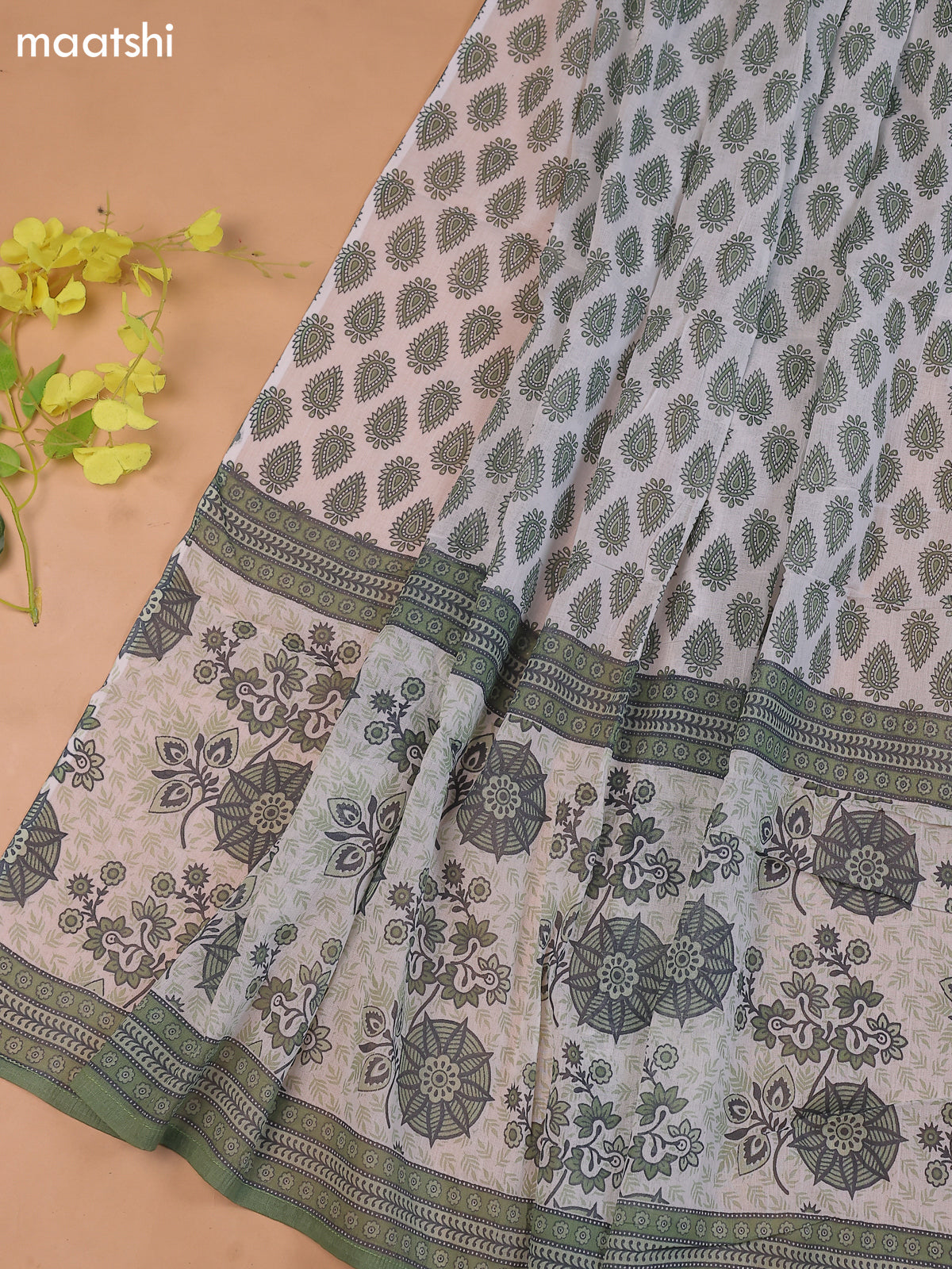 White and Green Cotton Dress Material With Floral Prints