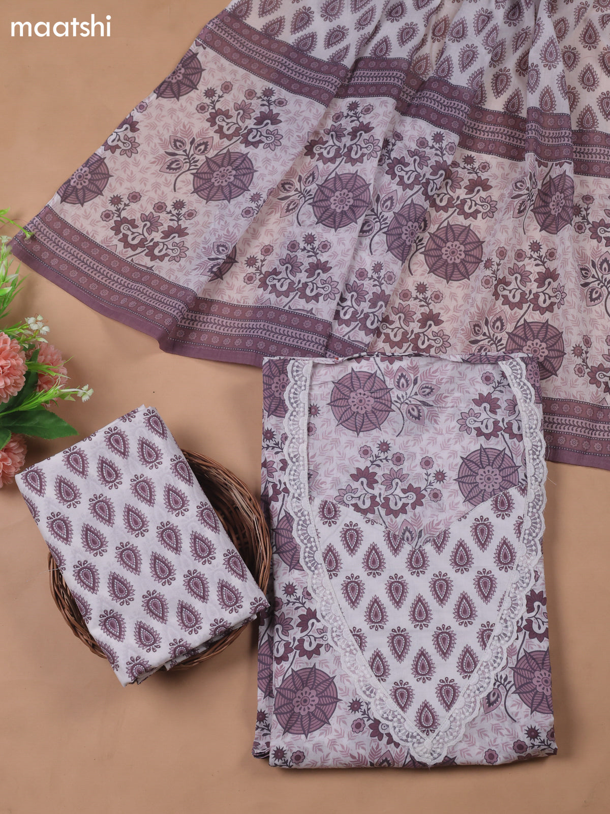 White and Lavender Cotton Dress Material With Floral Prints