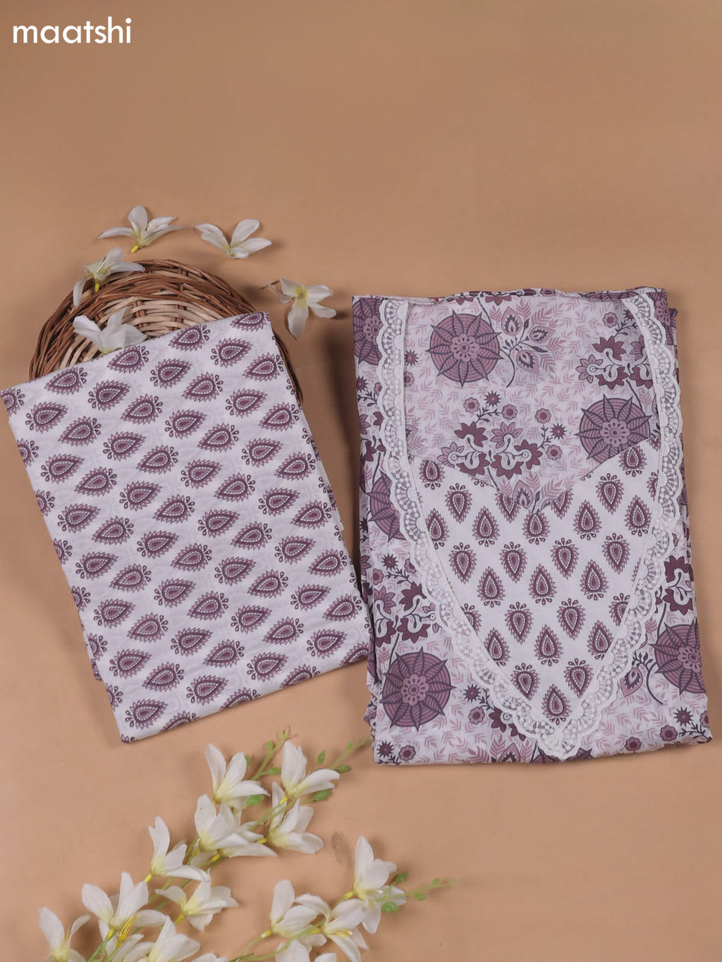 White and Lavender Cotton Dress Material With Floral Prints