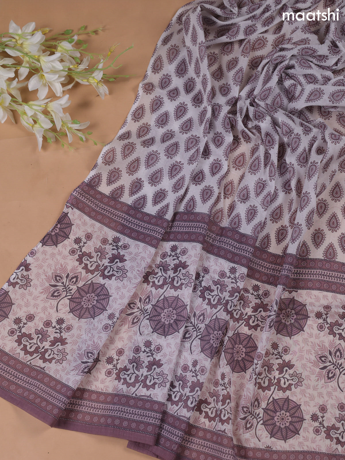 White and Lavender Cotton Dress Material With Floral Prints