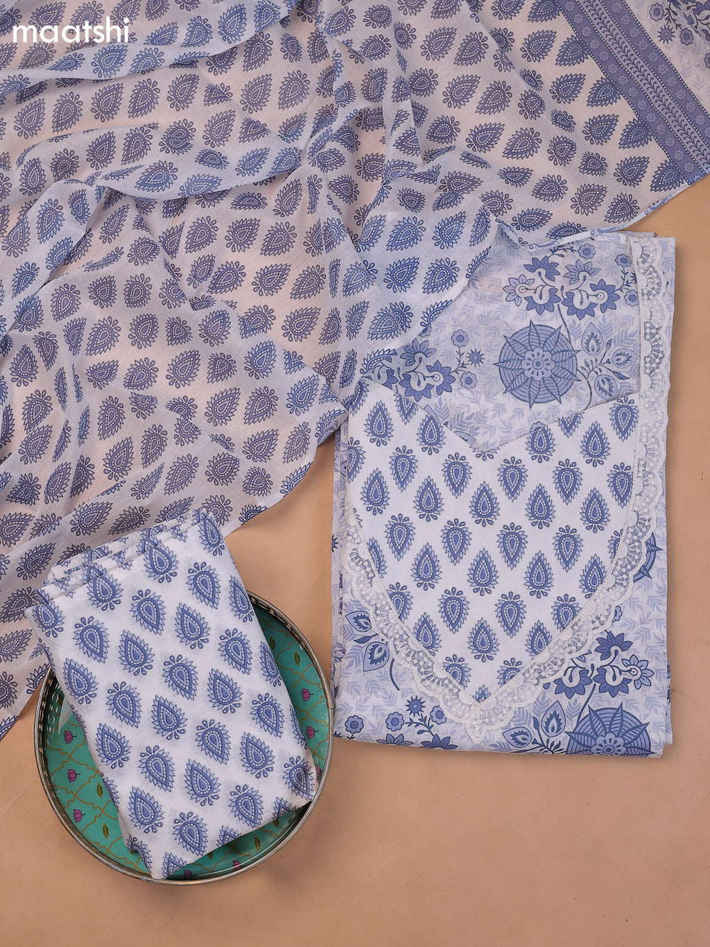 White and Blue Cotton Dress Material With Floral Prints