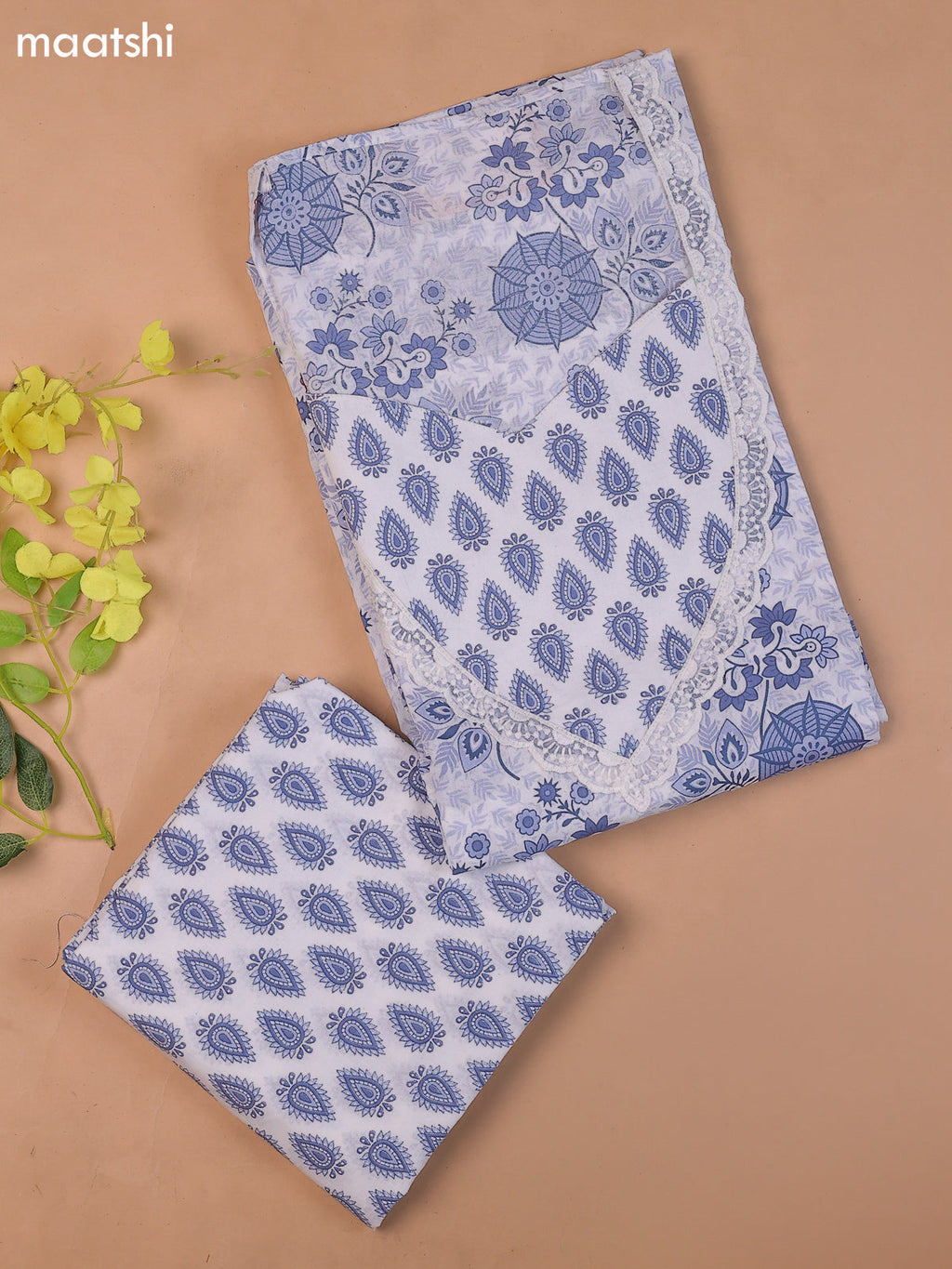 White and Blue Cotton Dress Material With Floral Prints