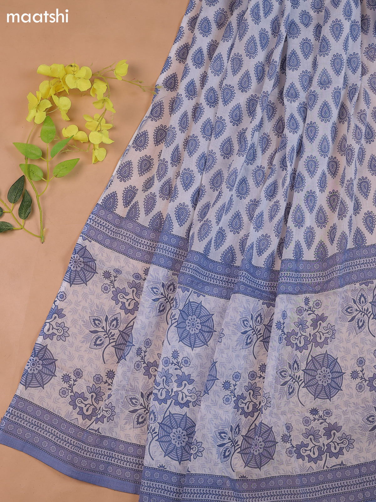 White and Blue Cotton Dress Material With Floral Prints