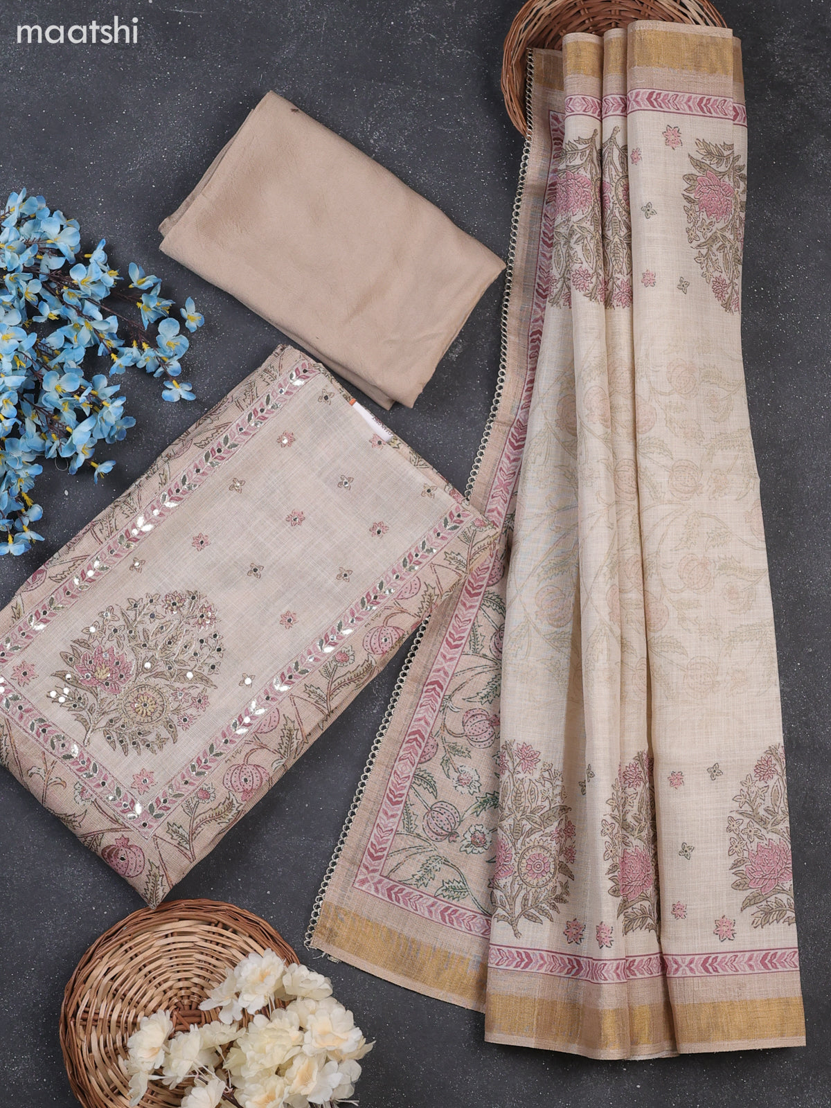 Beige Tissue Dress Material With Allover Kalamkari Print & Embroidery Work Neck Pattern