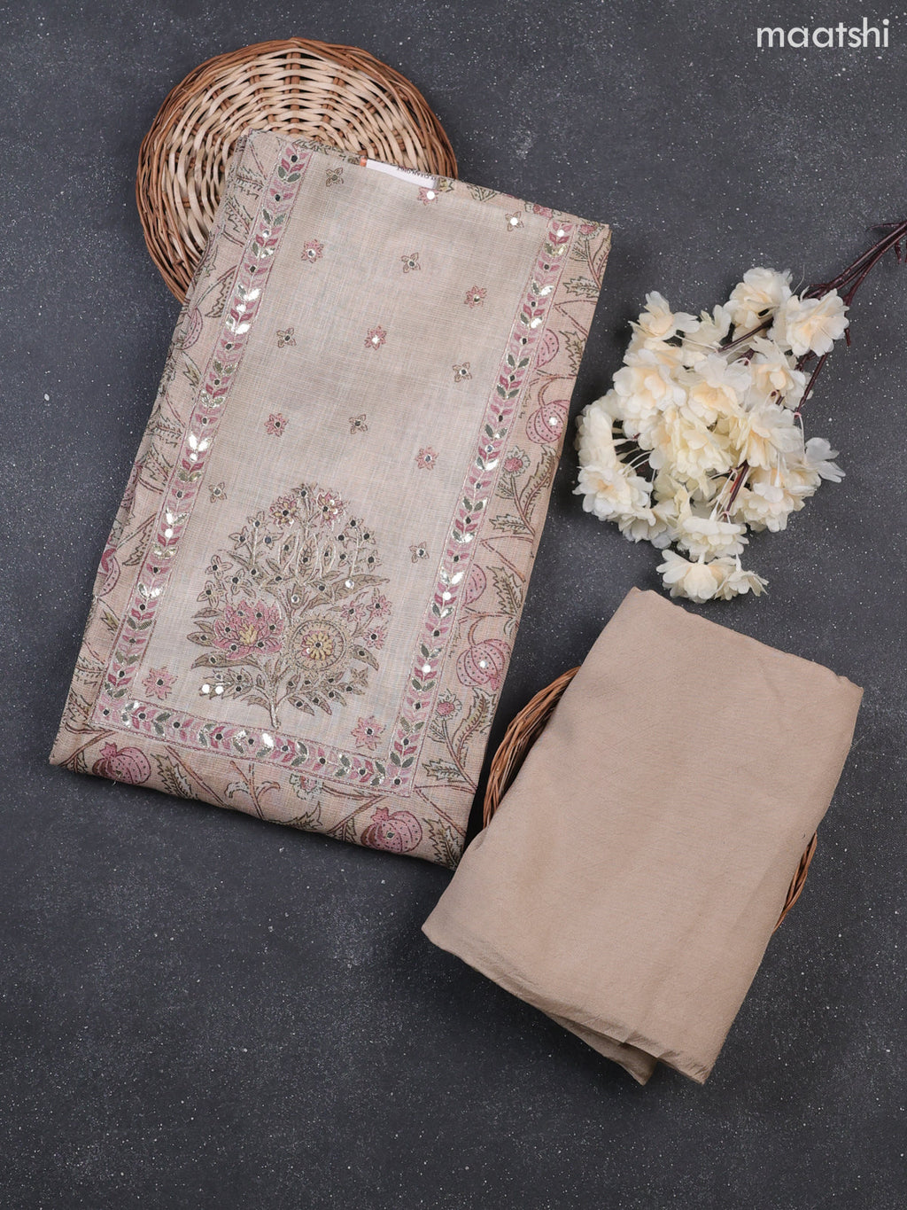 Beige Tissue Dress Material With Allover Kalamkari Print & Embroidery Work Neck Pattern