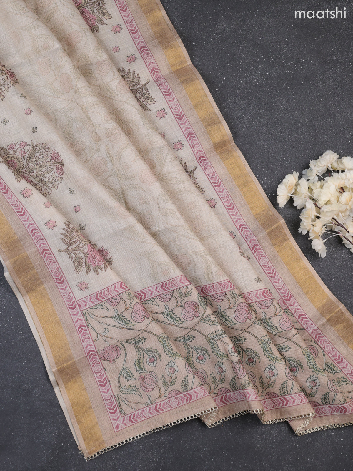 Beige Tissue Dress Material With Allover Kalamkari Print & Embroidery Work Neck Pattern