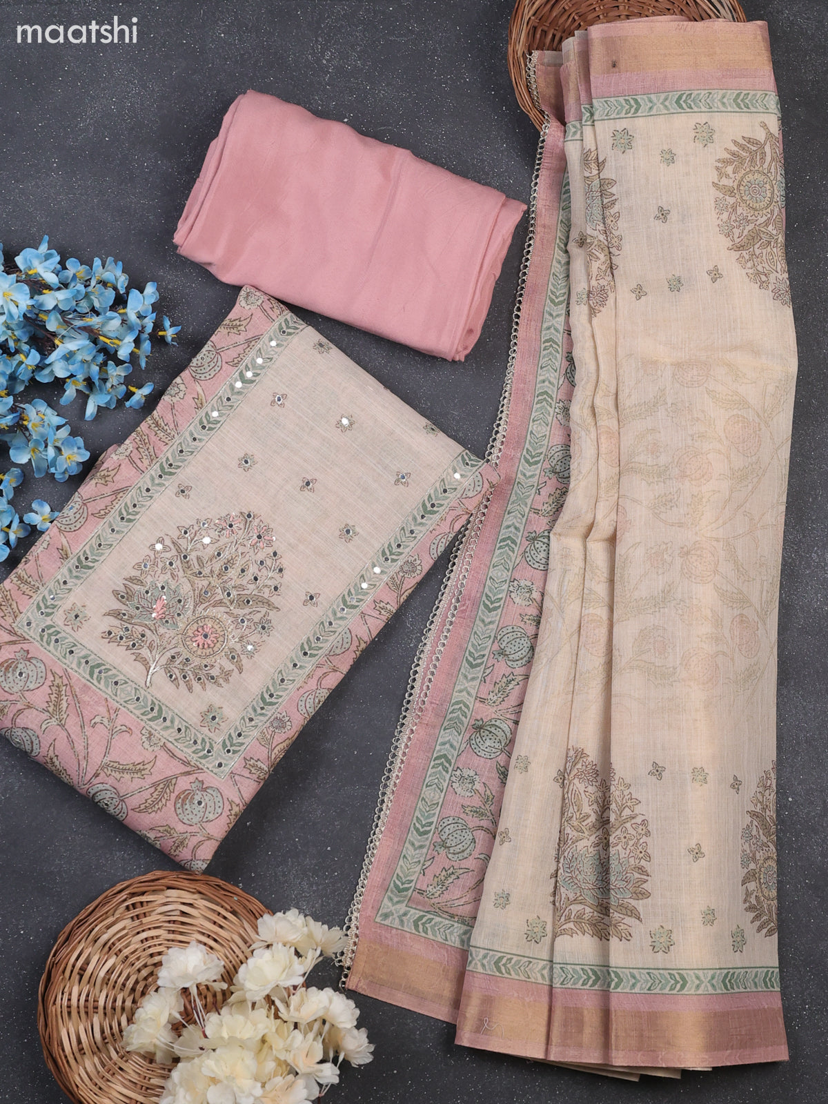 Peach and Beige Tissue Dress Material With Allover Kalamkari Print & Embroidery Work Neck Pattern