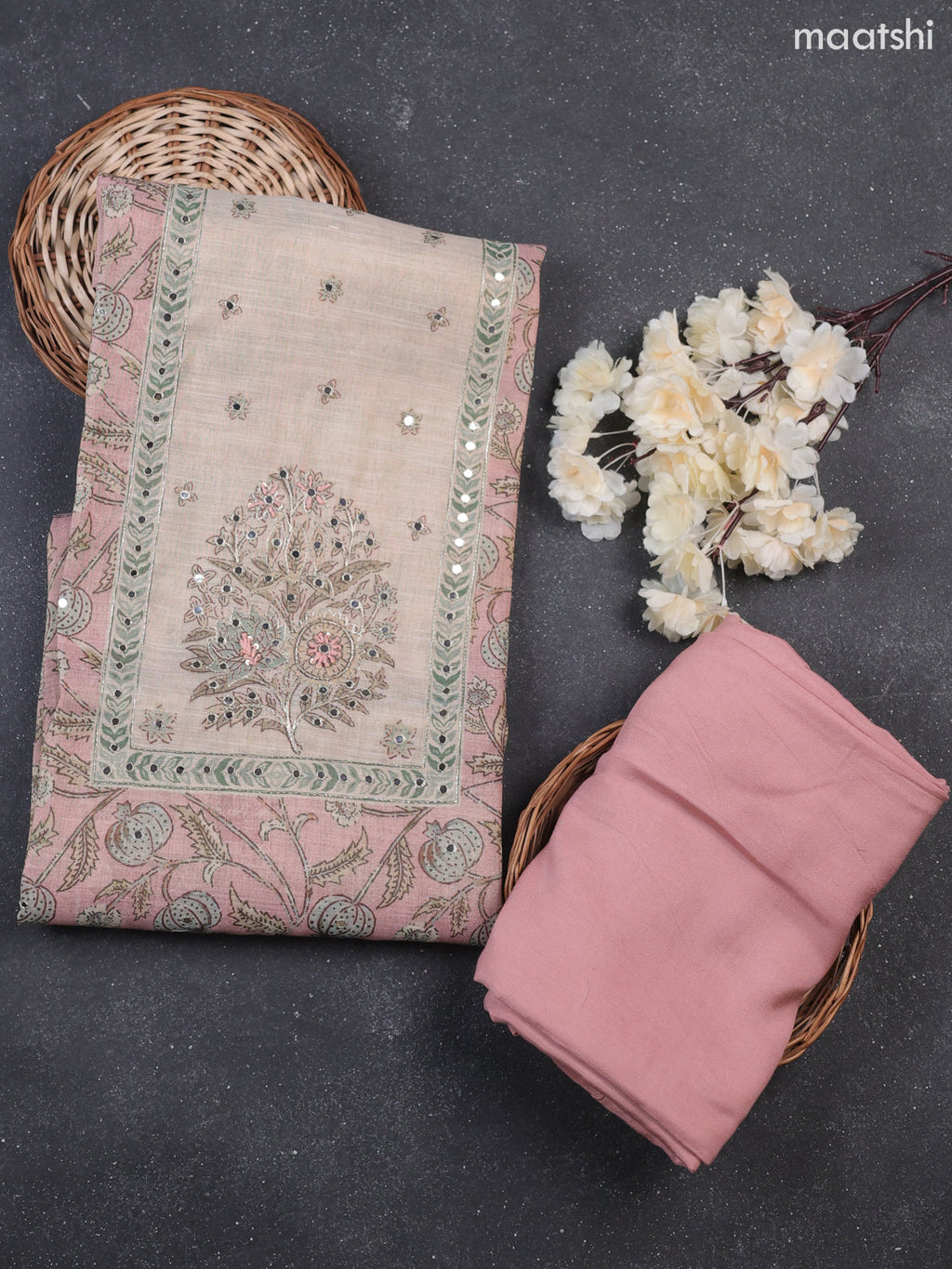 Peach and Beige Tissue Dress Material With Allover Kalamkari Print & Embroidery Work Neck Pattern