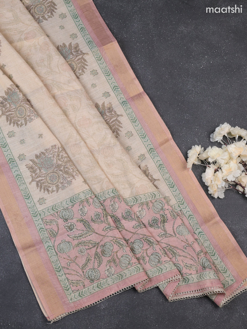 Peach and Beige Tissue Dress Material With Allover Kalamkari Print & Embroidery Work Neck Pattern