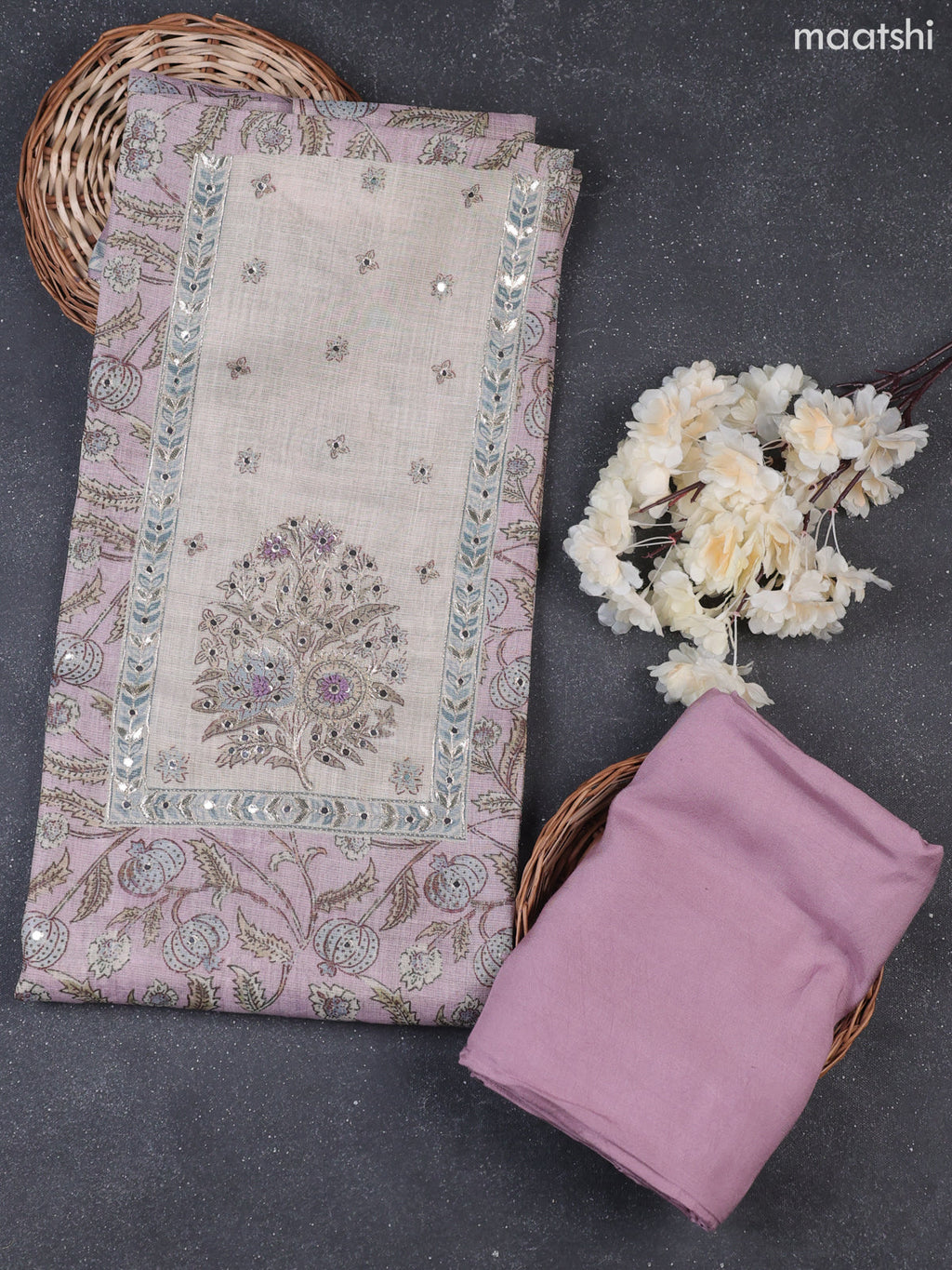 Lavender and Beige Tissue Dress Material With Allover Kalamkari Print & Embroidery Work Neck Pattern