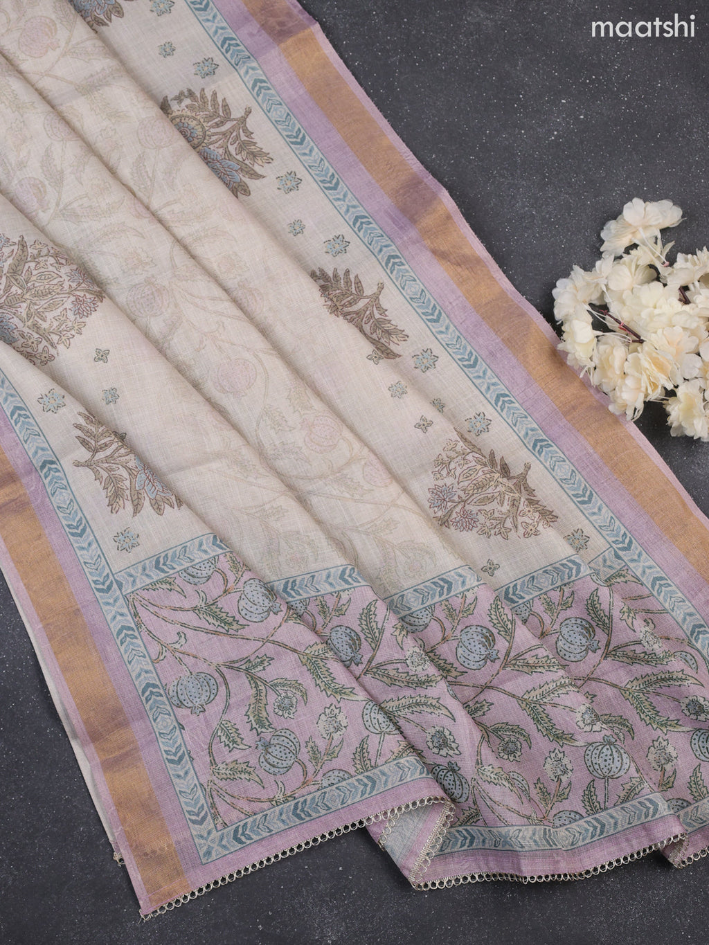 Lavender and Beige Tissue Dress Material With Allover Kalamkari Print & Embroidery Work Neck Pattern