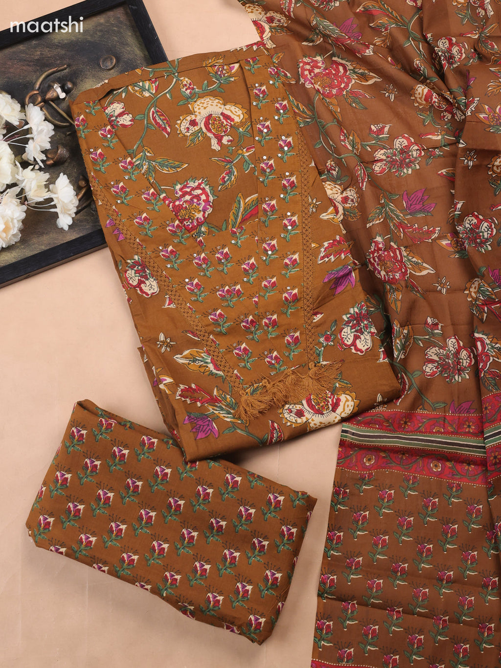 Brown Cotton Dress Material With Floral Butta Prints