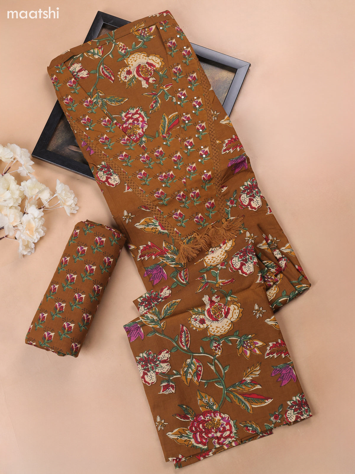 Brown Cotton Dress Material With Floral Butta Prints