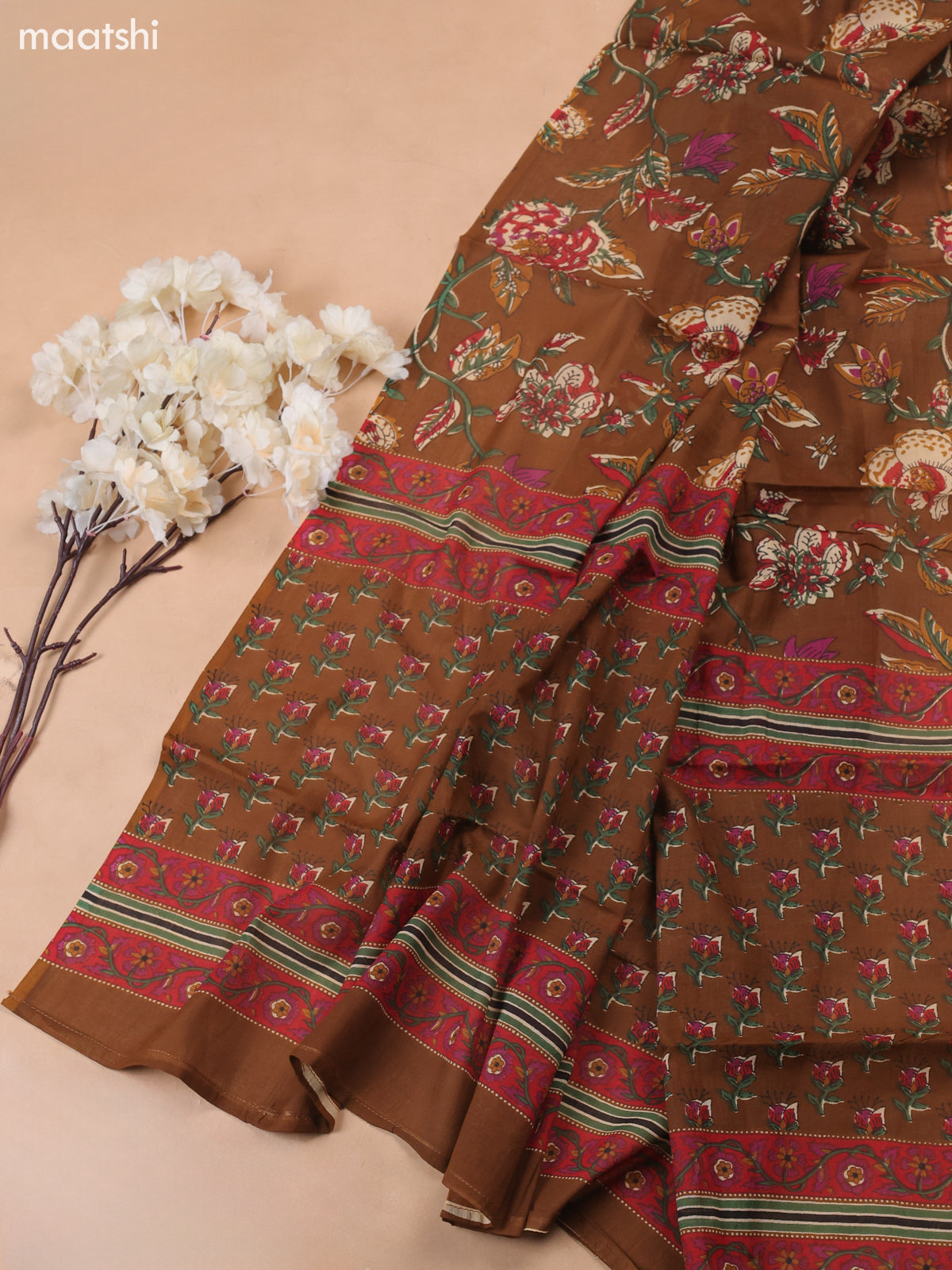 Brown Cotton Dress Material With Floral Butta Prints