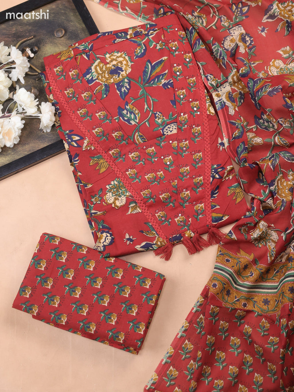 Maroon Cotton Dress Material With Floral Butta Prints