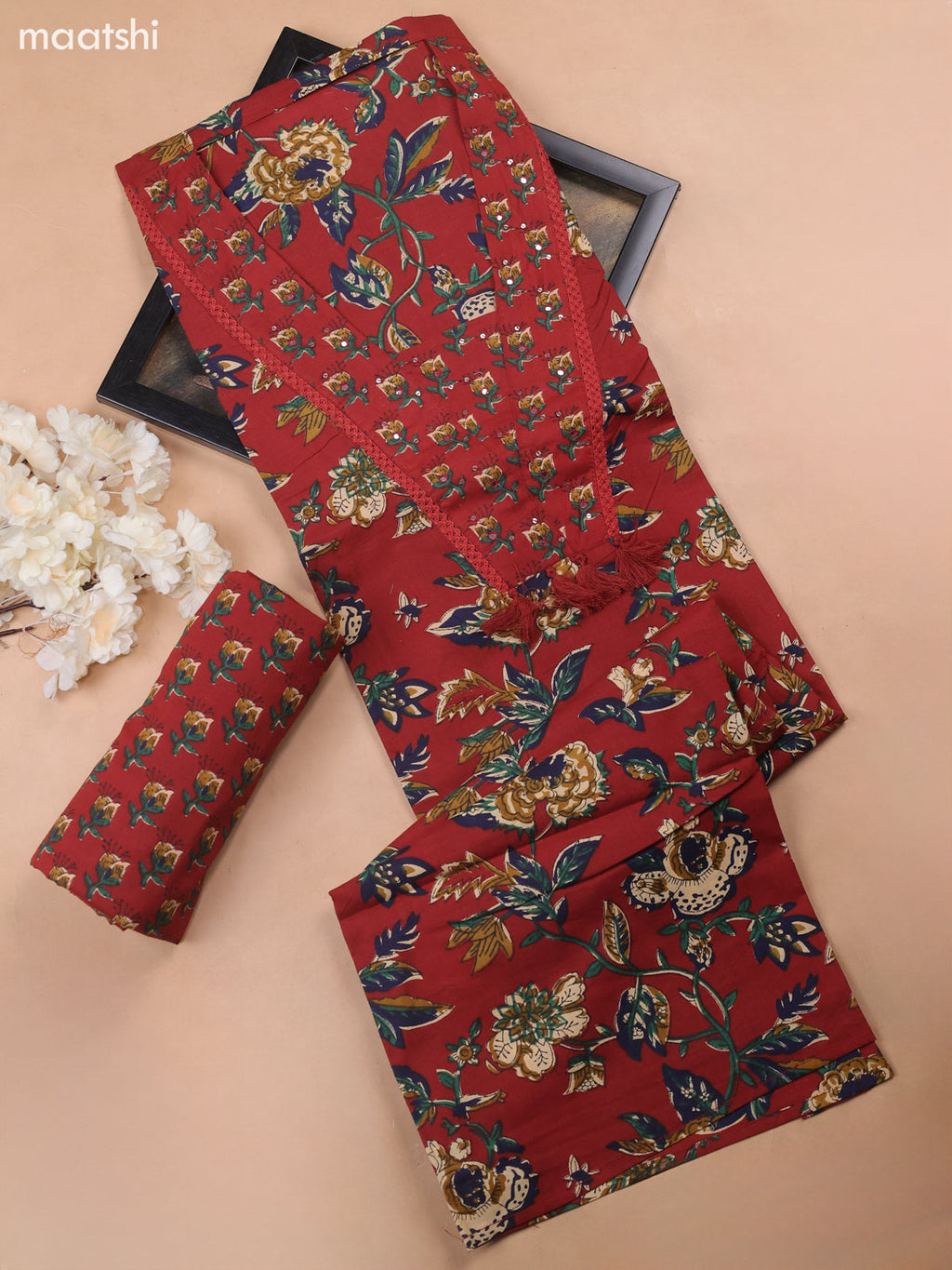 Maroon Cotton Dress Material With Floral Butta Prints