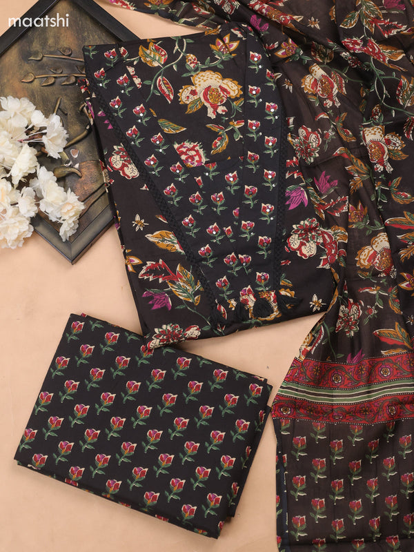 Black Cotton Dress Material With Floral Butta Prints