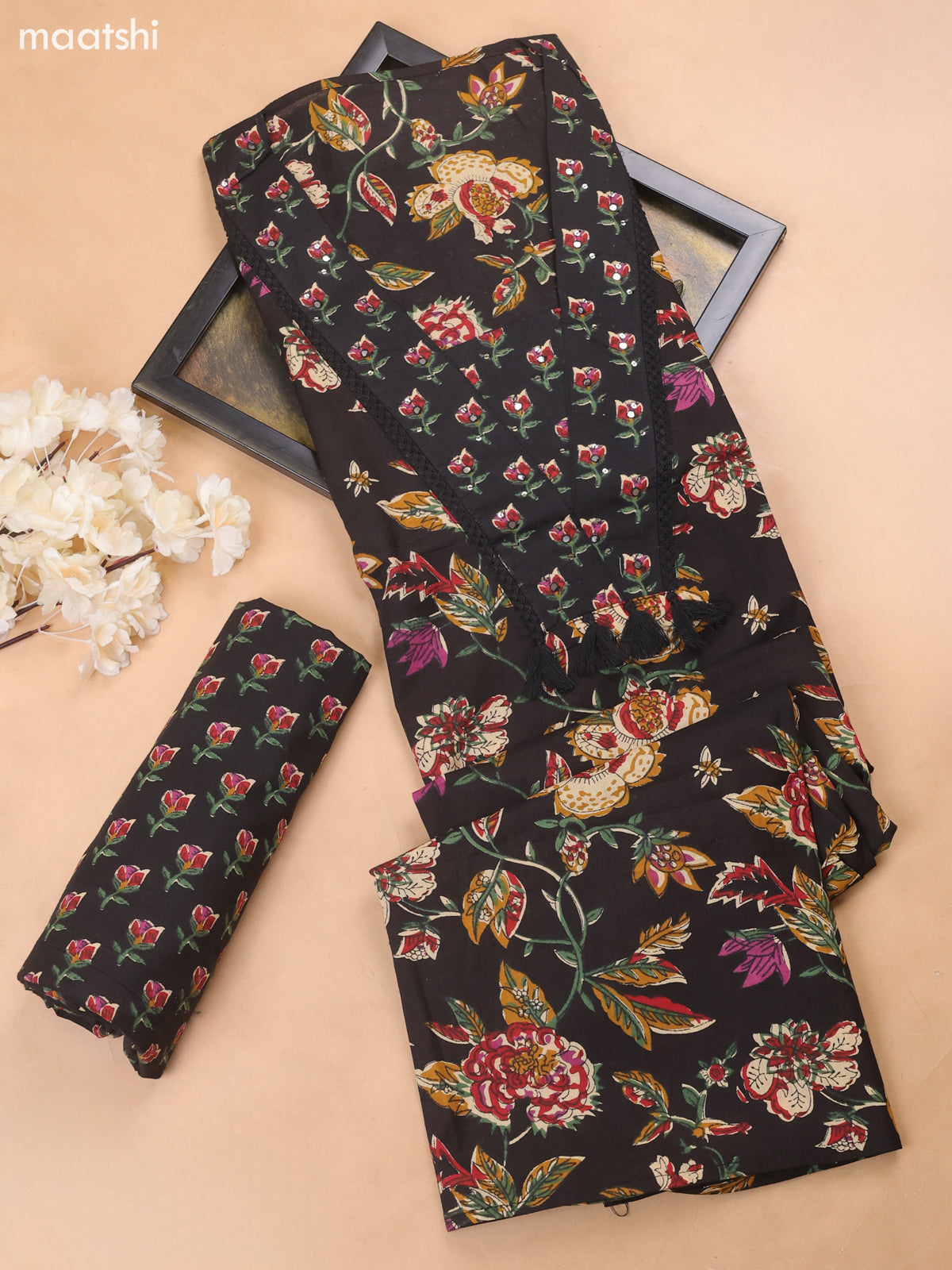 Black Cotton Dress Material With Floral Butta Prints
