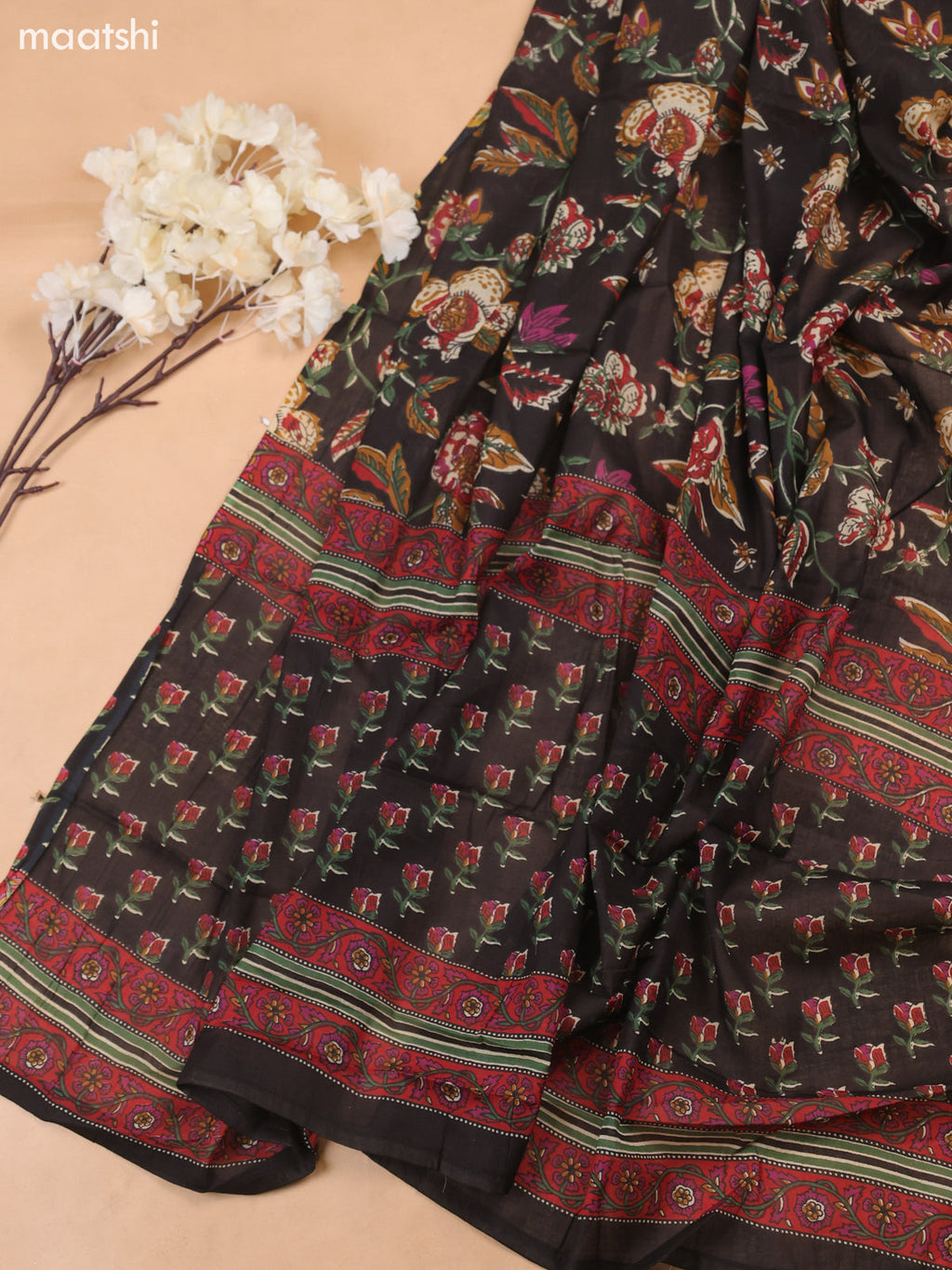 Black Cotton Dress Material With Floral Butta Prints