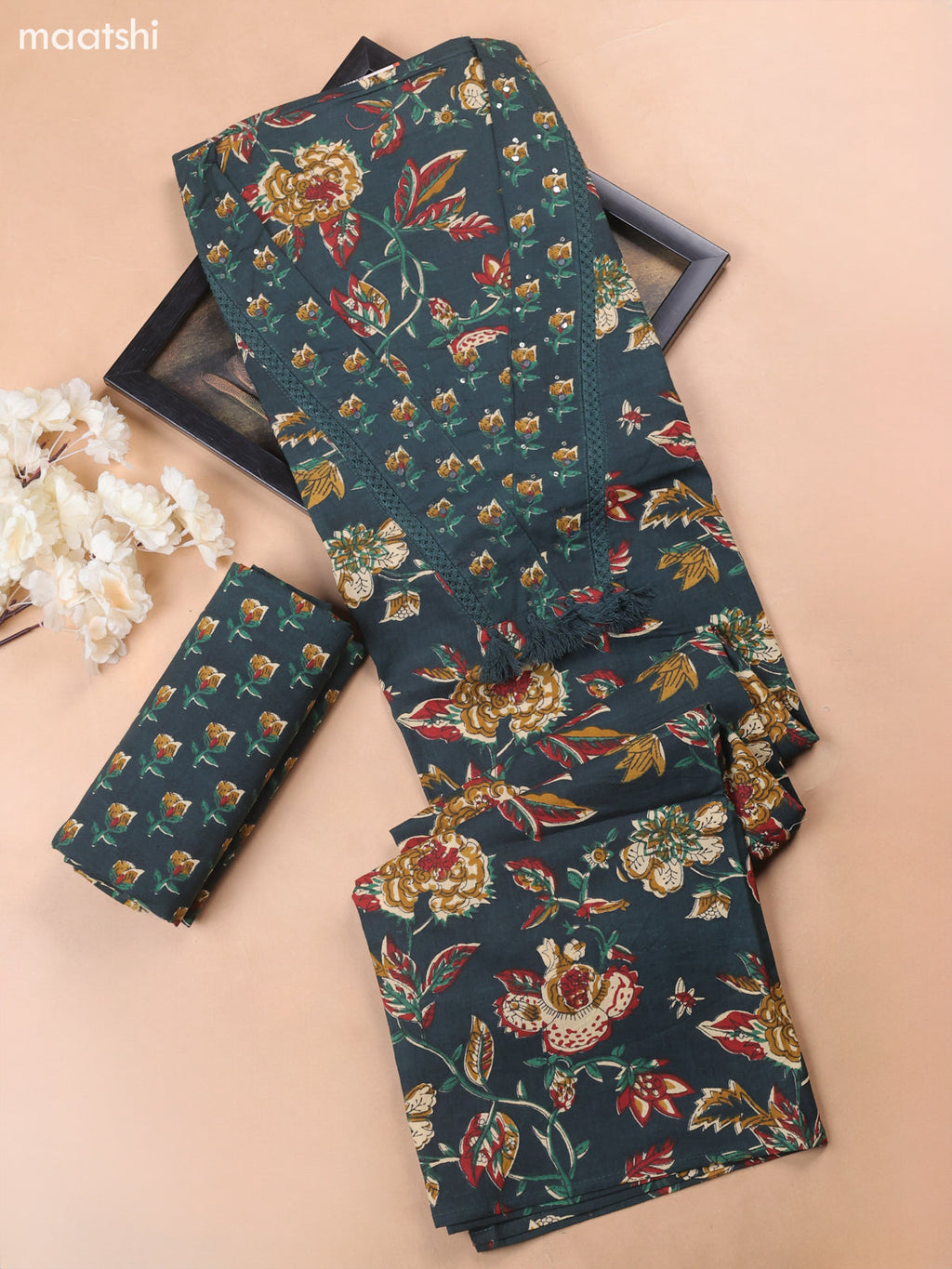 Green Cotton Dress Material With Floral Butta Prints
