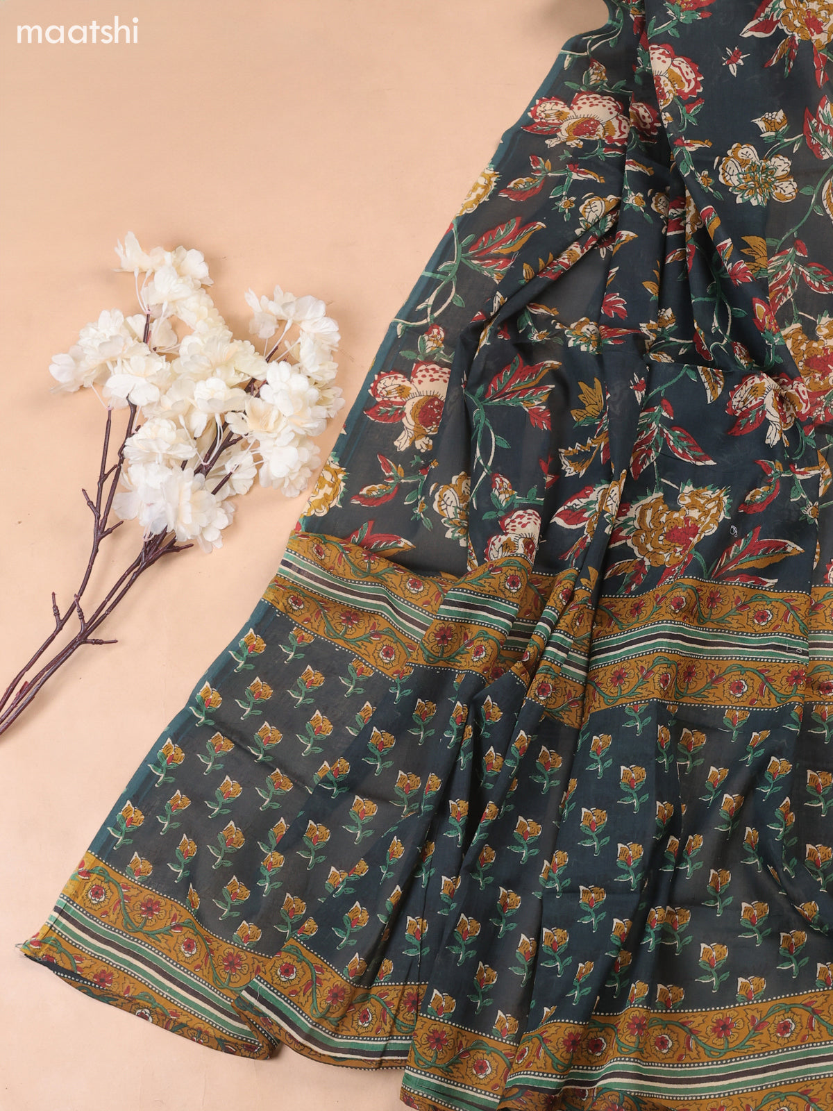 Green Cotton Dress Material With Floral Butta Prints