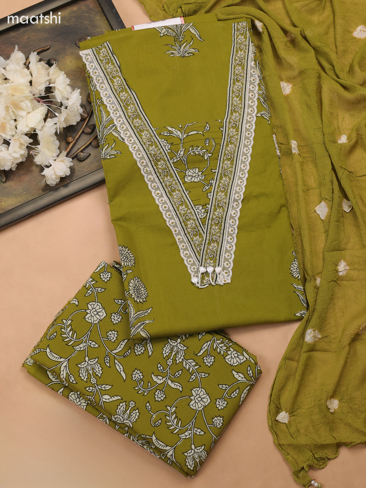 Green Cotton Dress Material With Floral Butta Prints