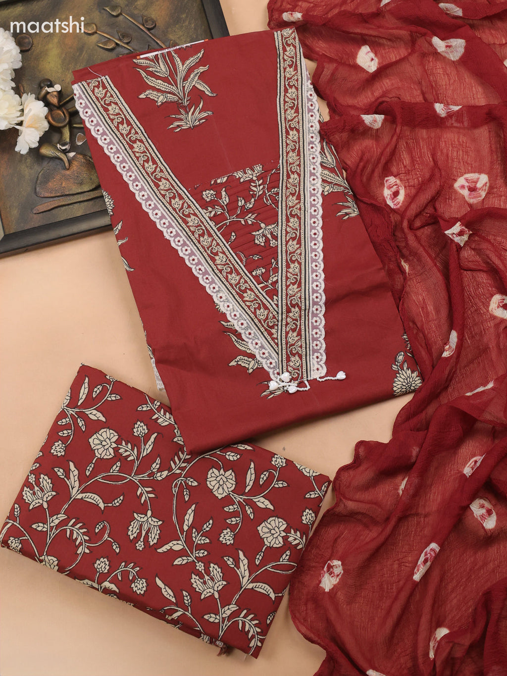 Maroon Cotton Dress Material With Floral Butta Prints