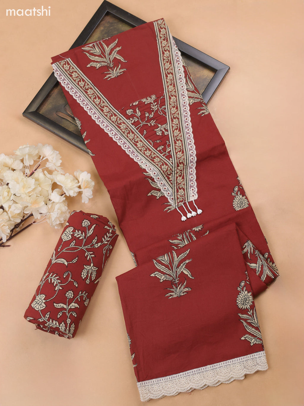 Maroon Cotton Dress Material With Floral Butta Prints