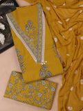 Mustard Yellow Cotton Dress Material With Floral Butta Prints