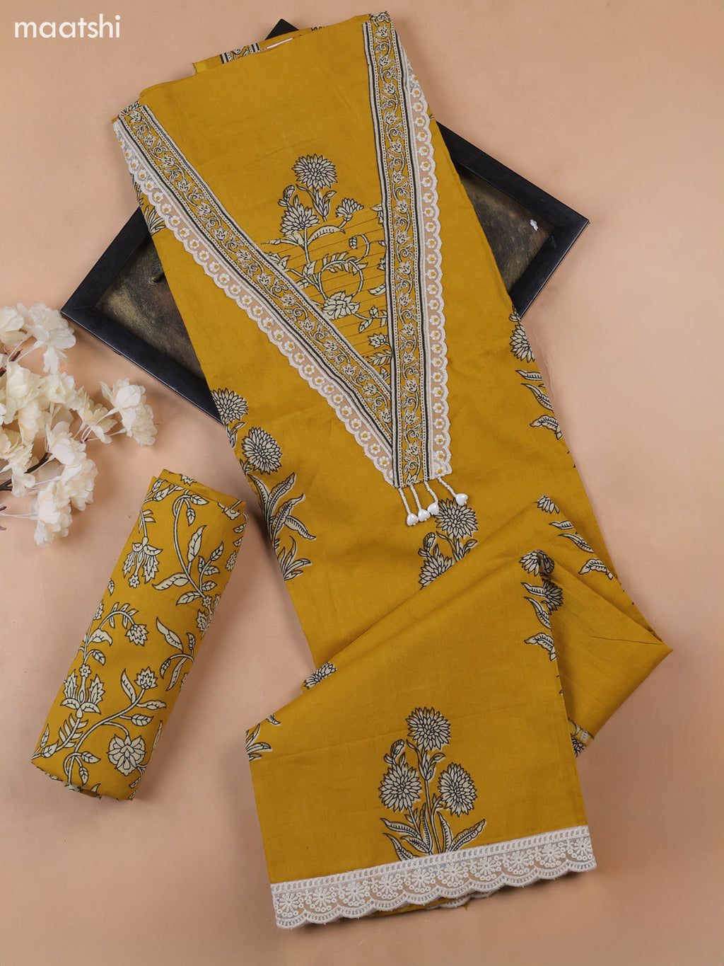 Mustard Yellow Cotton Dress Material With Floral Butta Prints