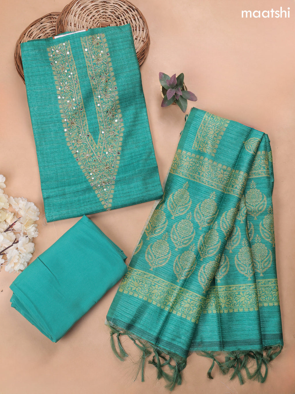 Green Munga Cotton Dress Material With Embroidery Work Neck Pattern