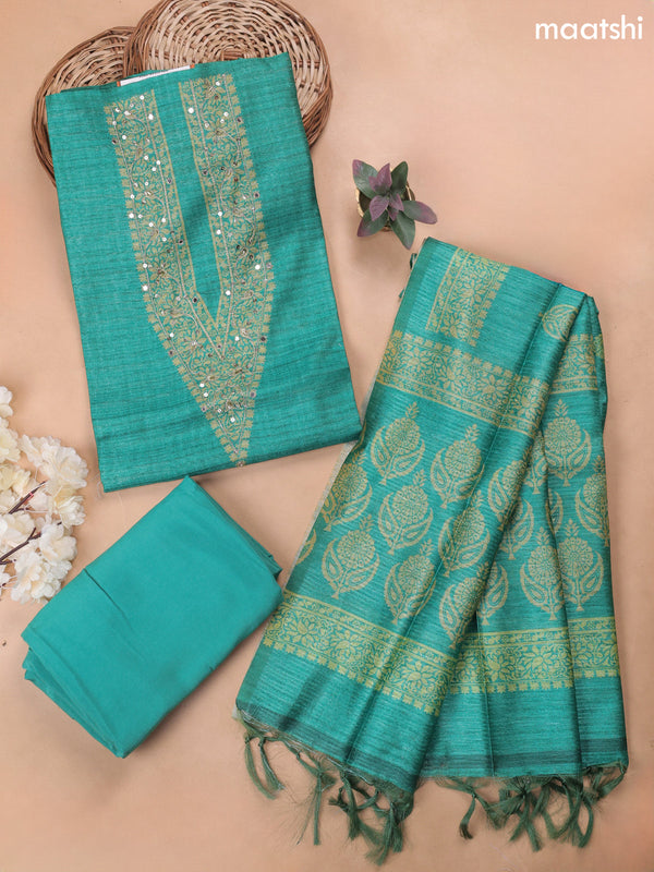 Green Munga Cotton Dress Material With Embroidery Work Neck Pattern