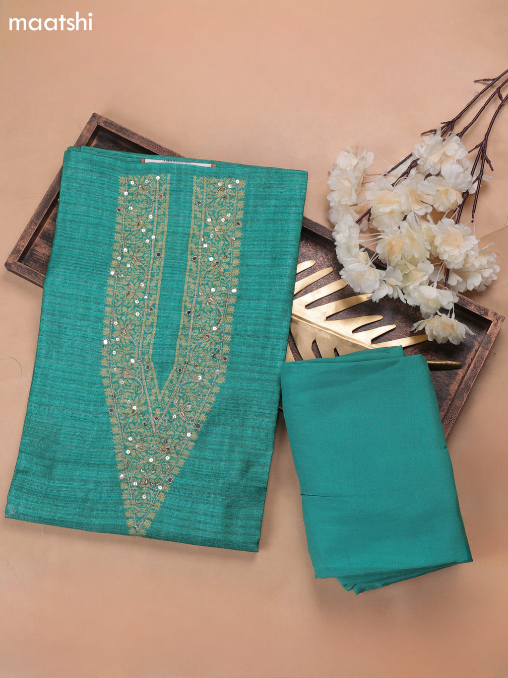 Green Munga Cotton Dress Material With Embroidery Work Neck Pattern